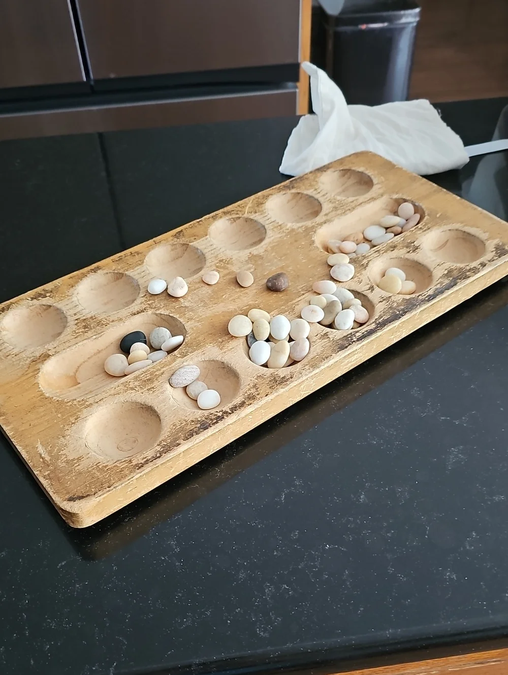 Wooden Mancala Board with Natural Game Stones